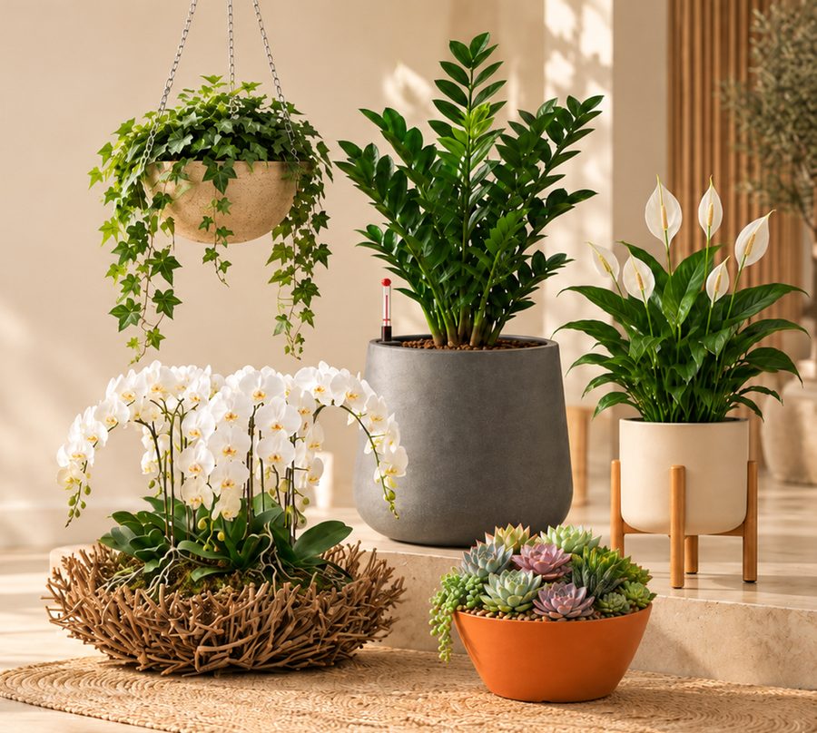 Vasos Spagnhol com hera, orquídeas, zamioculca, lírio da paz e suculentas